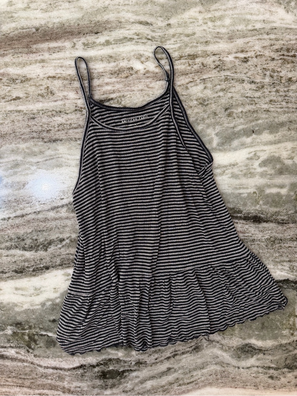 American Eagle Outfitters Black and White Striped Ruffle-Hem Cami